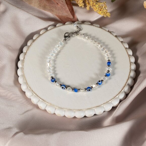 Bracelet Adjustable handmade Clear Crystal Turkish Eye For women Color Blue Gift - Picture 3 of 7